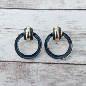 Vintage Earrings for Pierced Ears Blue & Gold Tone Circle Dangle